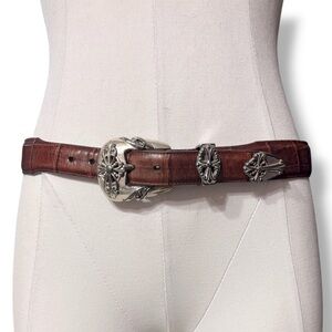 BRIGHTON Brown Croc Embossed Belt Silver Tone Filigree Details VINTAGE 1994
